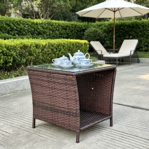 PE Rattan Side Table with Tempered Glass Top