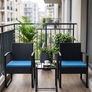 3-Piece PE Rattan Patio Bistro Set with Tempered Glass Table