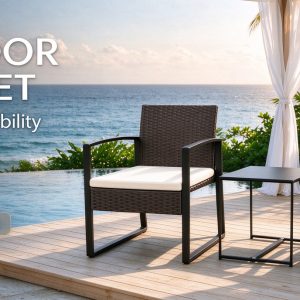 PE rattan patio set banner — rattan weave, steel frame, cushioned comfort