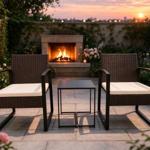 3-piece PE rattan patio bistro set with cream cushions on a terrace at dusk