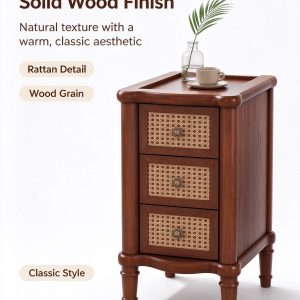 Hand-woven rattan drawer fronts on a narrow solid wood end table