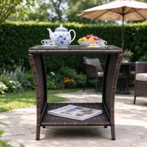 Weather-resistant rattan side table with glass top for patio and balcony